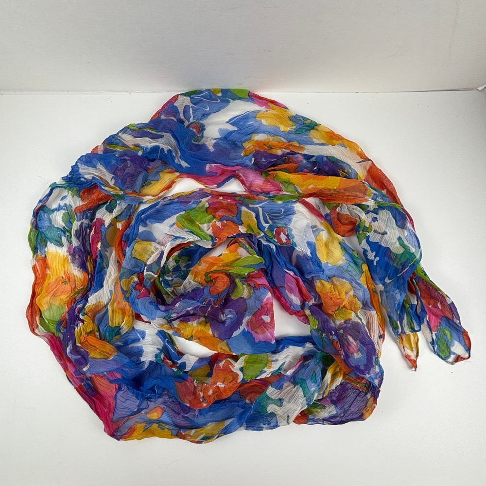 Vibrant Floral Silk Scarf Shawl Wrap Blue Pink Orange Yellow Accent Dopamine - Picture 3 of 7